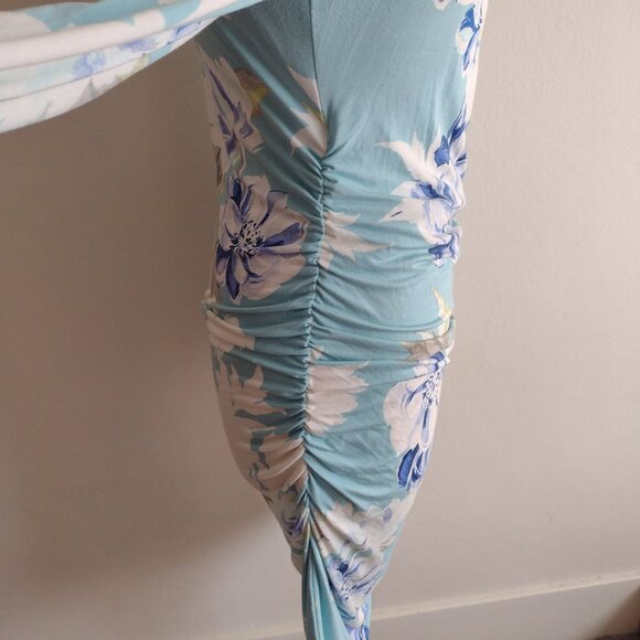 Yumi Kim Floral Maternity 5th Ave Dress L Wanderlust Jade Sky Blue Ruched Midi - Picture 6 of 11